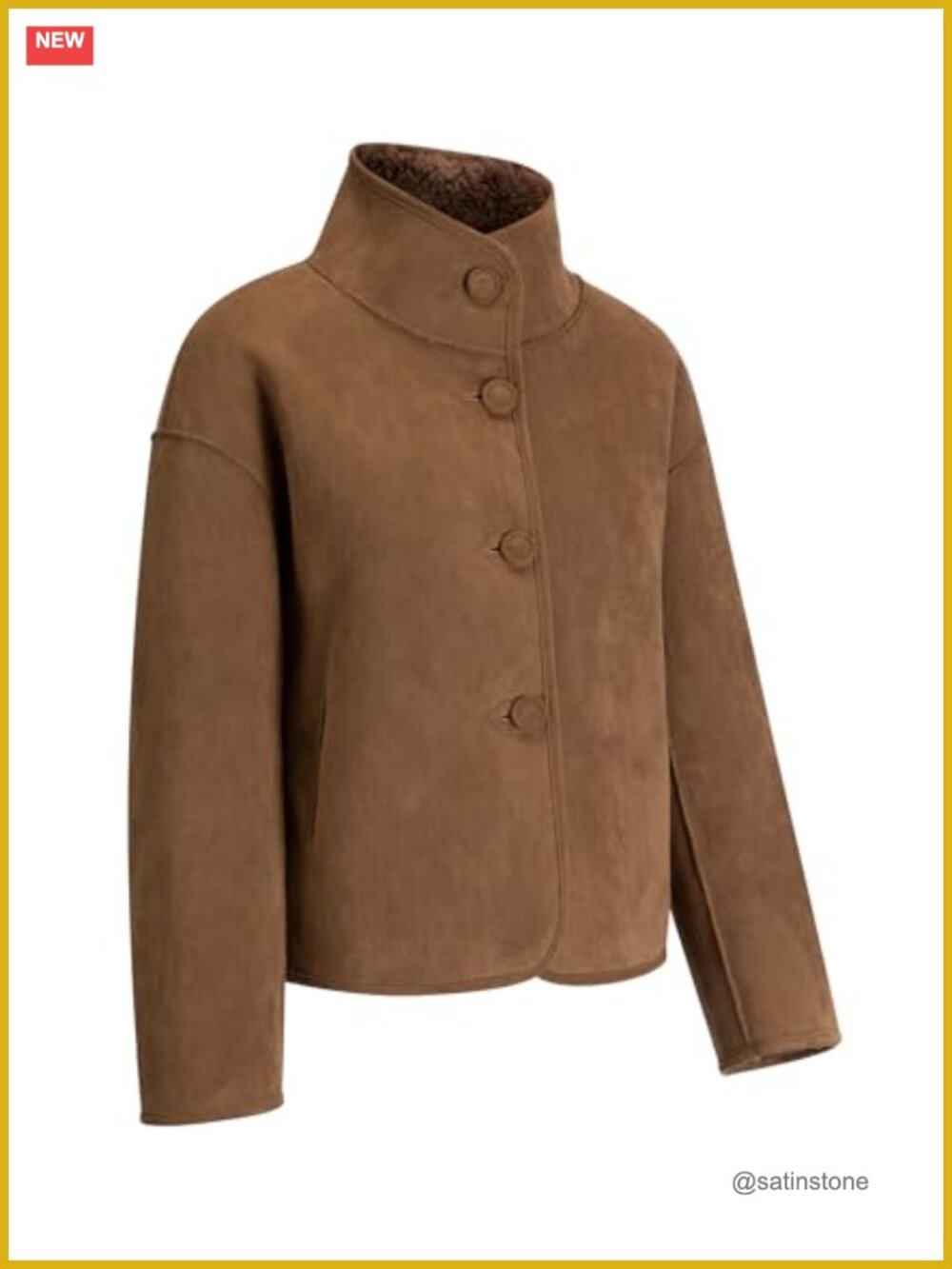 Reversible Faux Leather & Wool Jacket with Stand Collar, Long Sleeve, Zipper - Picture 5 of 6